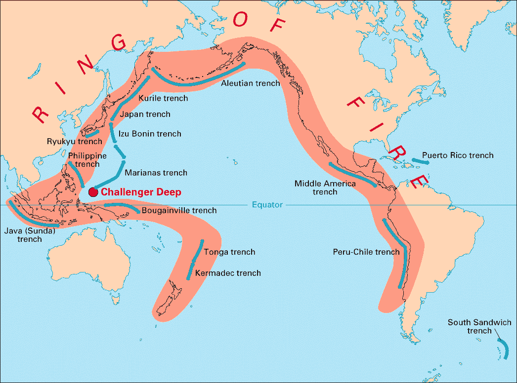 Map of the Pacific Ring of Fire. A region of 90% of active volcanoes around the world.